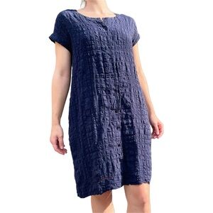 Eileen Fisher Navy Organic Cotton Windowpane Button Front Mini Shirt Dress XS